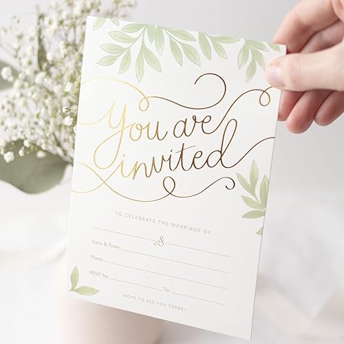 Miniatura 5 de Rileys & Co Paquete de 50 tarjetas de invitación de boda con sobres, calcomanías incluidas, impresión de lámina dorada y diseño de hojas, 5 x 7