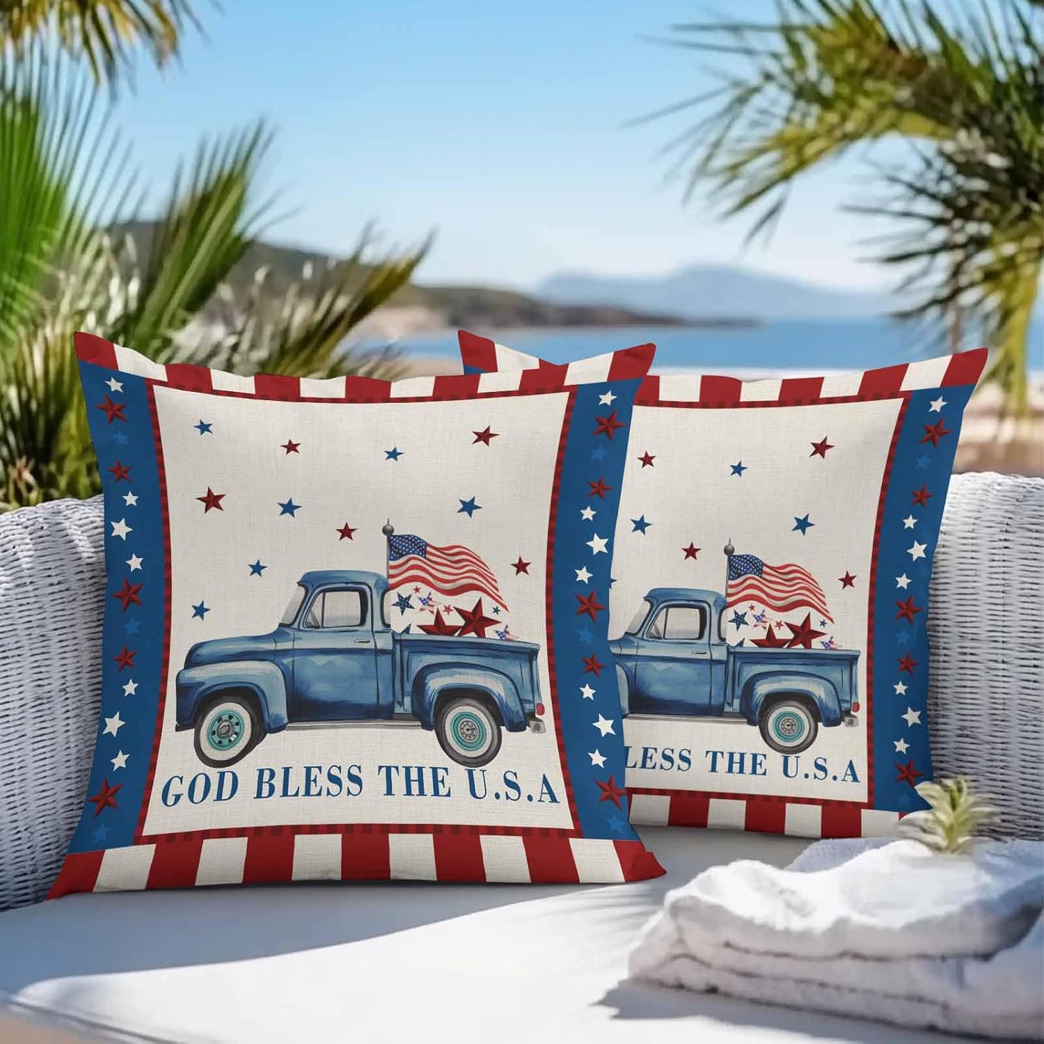 Independence Day Outdoor Pillow Covers Set of 2,Farm Blue Truck American Flag Star Decorative Waterproof Throw Pillow Case, Patriotic Red Plaid Cotton Linen Soft Cozy Cushion Pillowcases 20x20In