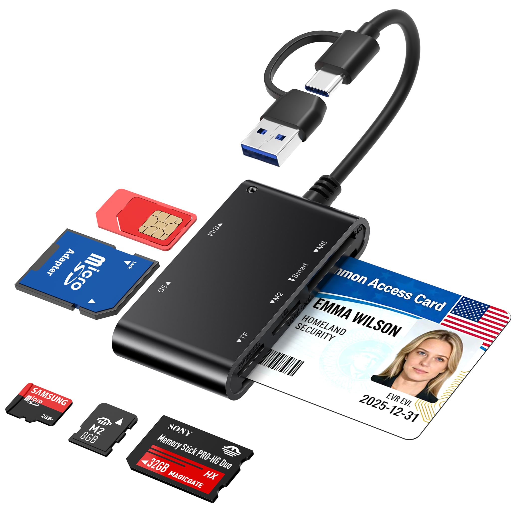 Lector de tarjetas inteligentes 7 en 1 con USB-C y USB-A, lector de tarjetas CAC y PIV, adaptador de tarjeta SIM, lector de tarjetas de memoria SD/TF/Memory Stick Pro Duo/M2/MMC para Windows, Mac
