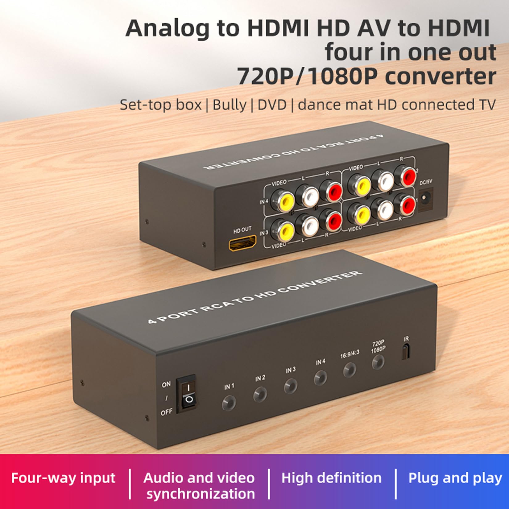 RCA zu HDMI Konverter 4 AV (Rot Gelb Weiß) in auf HDMI Out Adapter, Composite Audio Video RCA Adapter auf HDMI 1080P/720P, mit Fernbedienung und Strom, für Wii/TV/PC/PS3/STB/Xbox VHS/VCR/N64/SNES/DVD