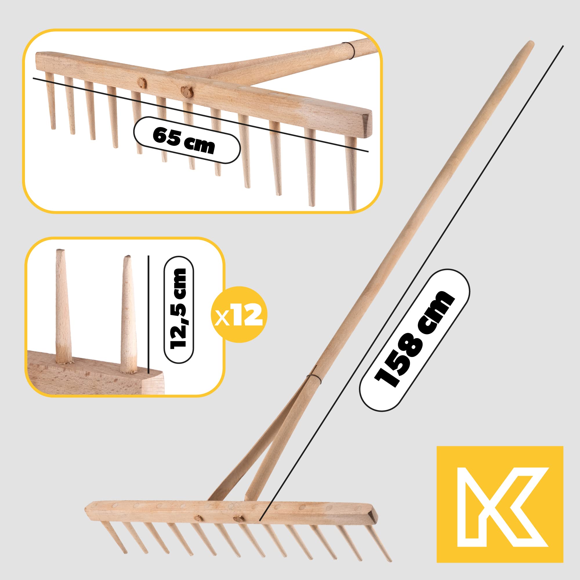 KADAX Rastrello da Fieno con Manico Lungo in Legno - Manico Lungo in Legno - per Giardinaggio - presa lunga per lavorare in piedi