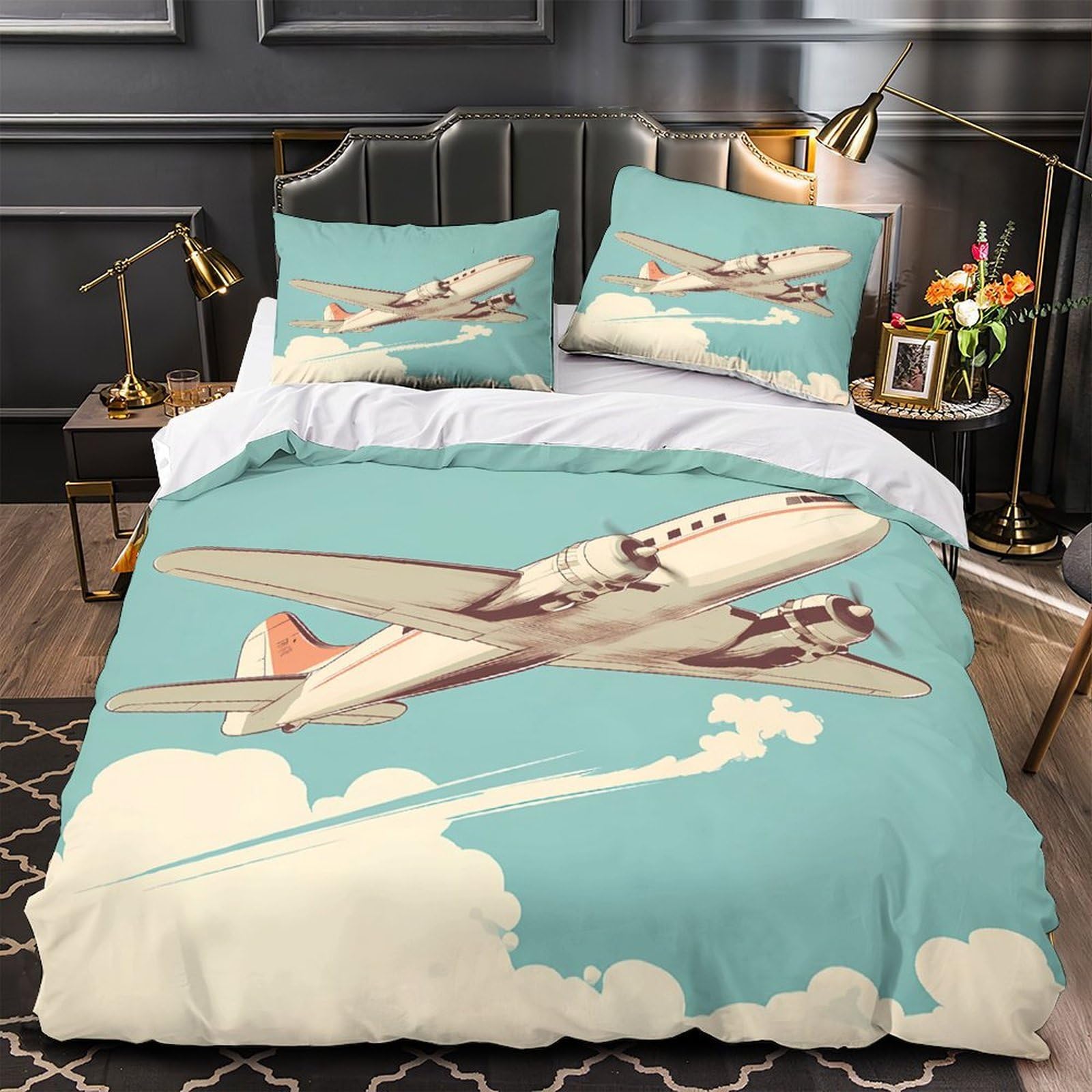 Housse de couette avion vintage 135x200cm respirante en microfibre 3D pour lit ado