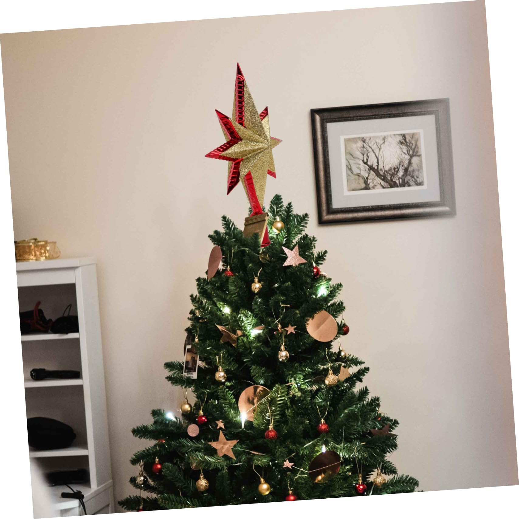 2 Sätze Dreidimensionaler Achteckiger Stern Christbaumspitzen Im Freien Weihnachtsbaum Dekorationen Weihnachtsschneeflockenfenster Künstlich Flitter Weihnachten Rot PVC 2 Stück * 2