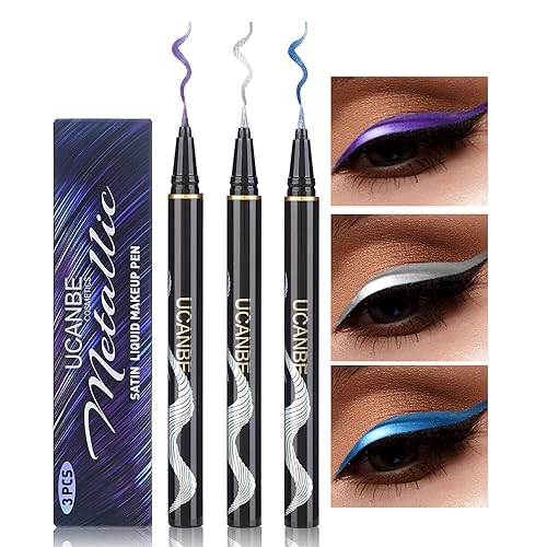 UCANBE Juego de maquillaje líquido metálico de 3 piezas, delineador de ojos con purpurina de color azul, morado, plateado, de larga duración, con