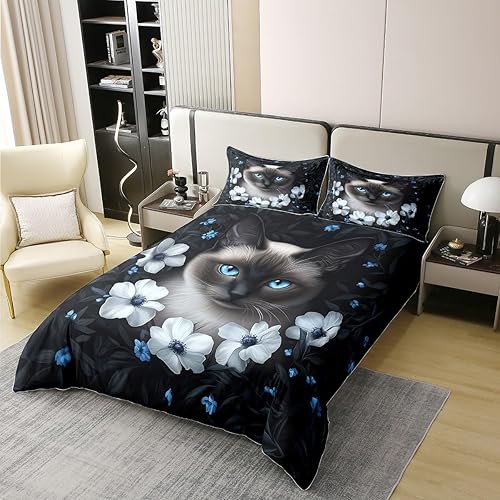 jejeloiu Siamese Cat Bedding Set for Kids Boys Girls Kitten Comforter Cover King