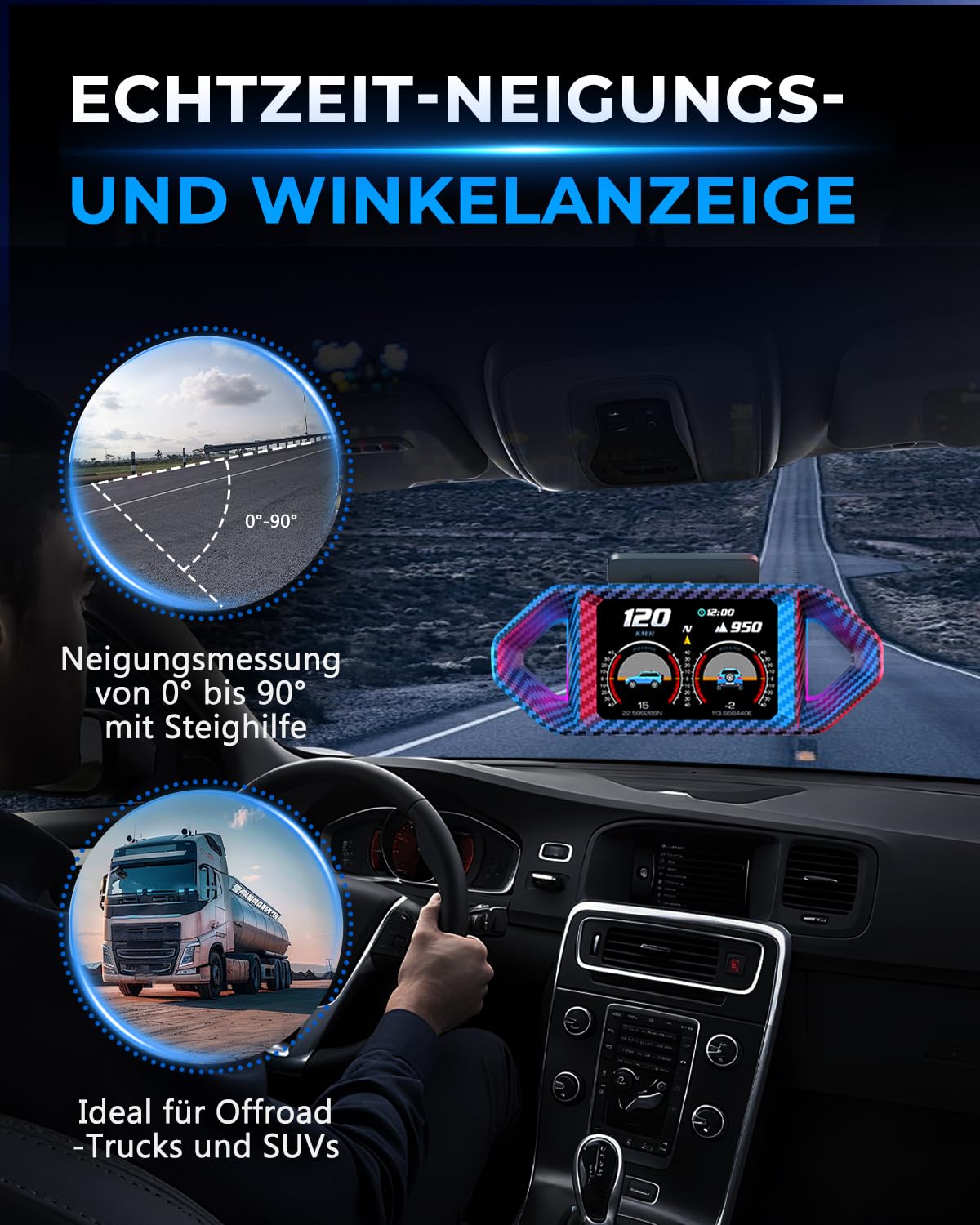 GEARMONSTER Wyświetlacz Head Up OBD2 + GPS 2-w-1 Uniwersalny samochodowy HUD Cyfrowy Tachometr z wskaźnikiem obrotów i temperatury chłodziwa, z wysokościomierzem i pomiarem nachylenia i wiele innych