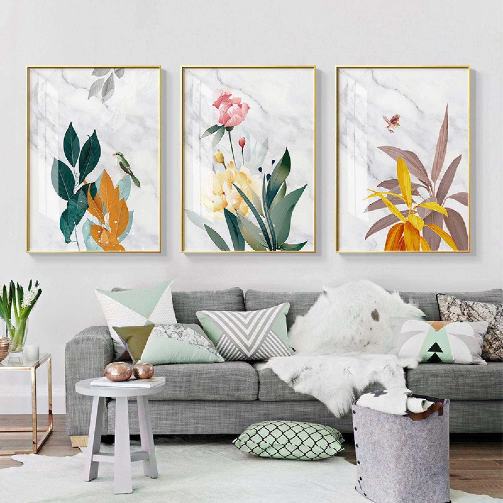 Cuadros de pared de flores Cartel de plantas nórdicas Arte Pinturas en lienzo Carteles e impresiones para la sala de estar Decoración del hogar Listo para colgar 40x50cmx3pcs marco interior