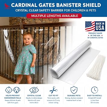 Cardinal Gates KS15 Clear Banister Shield, 15 ft | Clear shatterproof plastic barrier covers indoor banister and balcony gaps for children and pets.