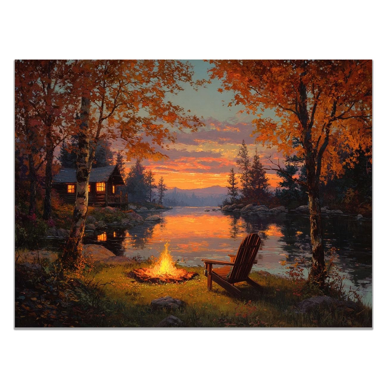 QUSAAOU Wall Art Bedroom Autumn Cabin and Campfire Scene by Lake at Sunset Abstract Canvas Prints Minimalist Artwork Bedroom Office Home Decoration Canvas Natural Landscape(Orange)-50x70cm Unframed