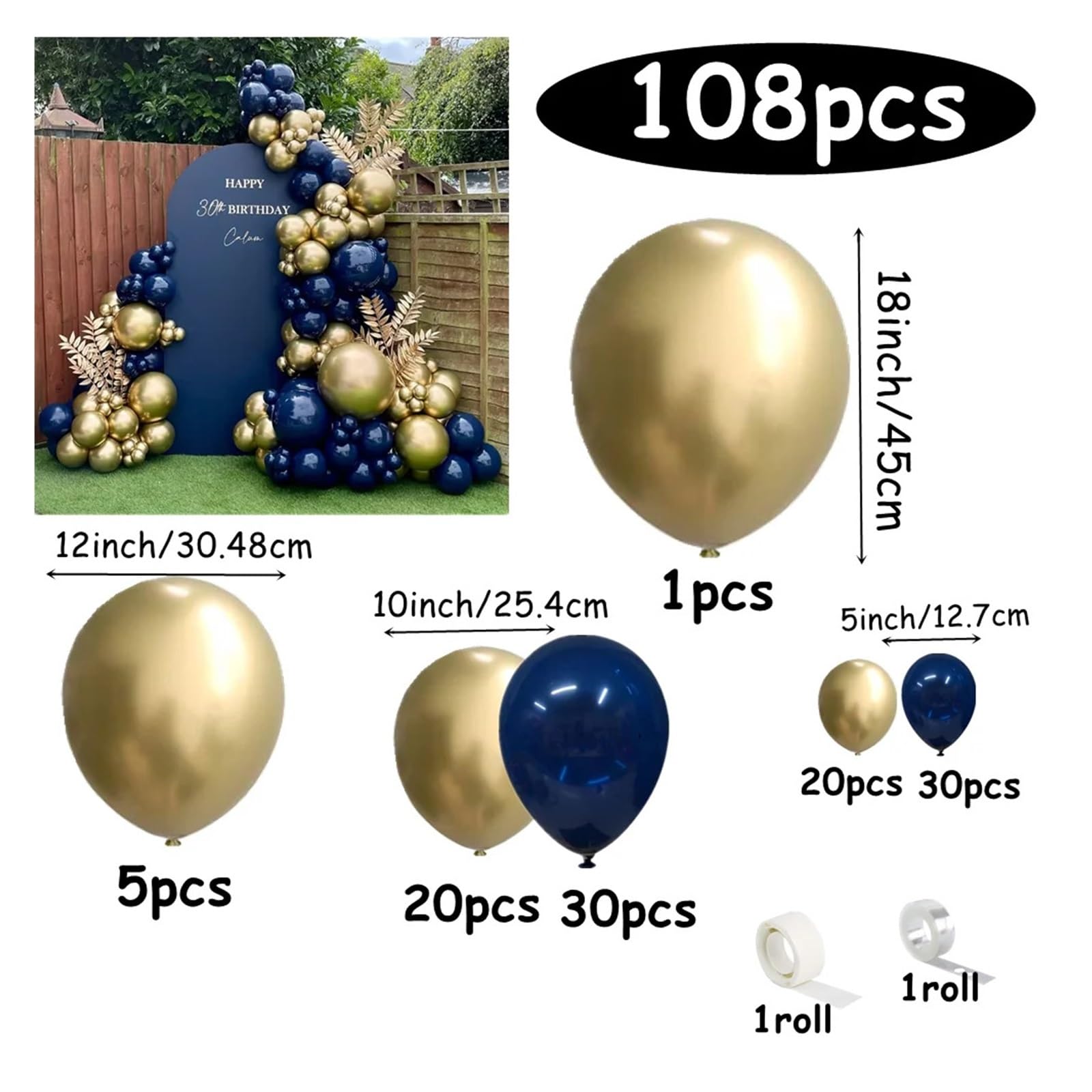 Kit De Arco Guirnalda Globos Dorados Metálicos Azules, Suministros Decoración for Fiesta Cumpleaños, Boda, Año Nuevo, 108 Uds Para Fiesta