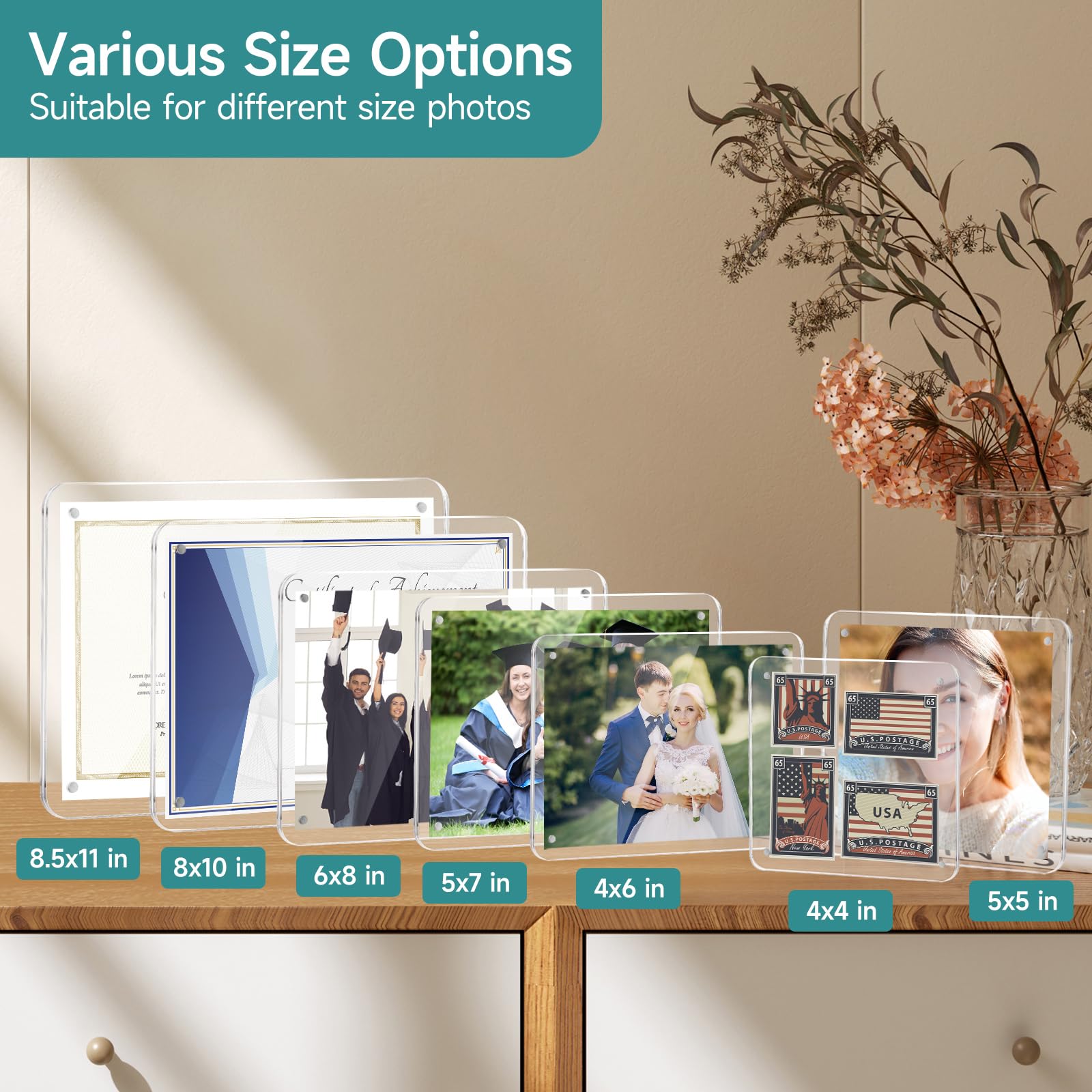 WHALE STORE 6x8 Acrylic Picture Frames - 3 Pack, Clear Frameless 6x8 Inches Photo Frames with Magnetic, Double Sided Transparent Desktop Frame(3 Pack)