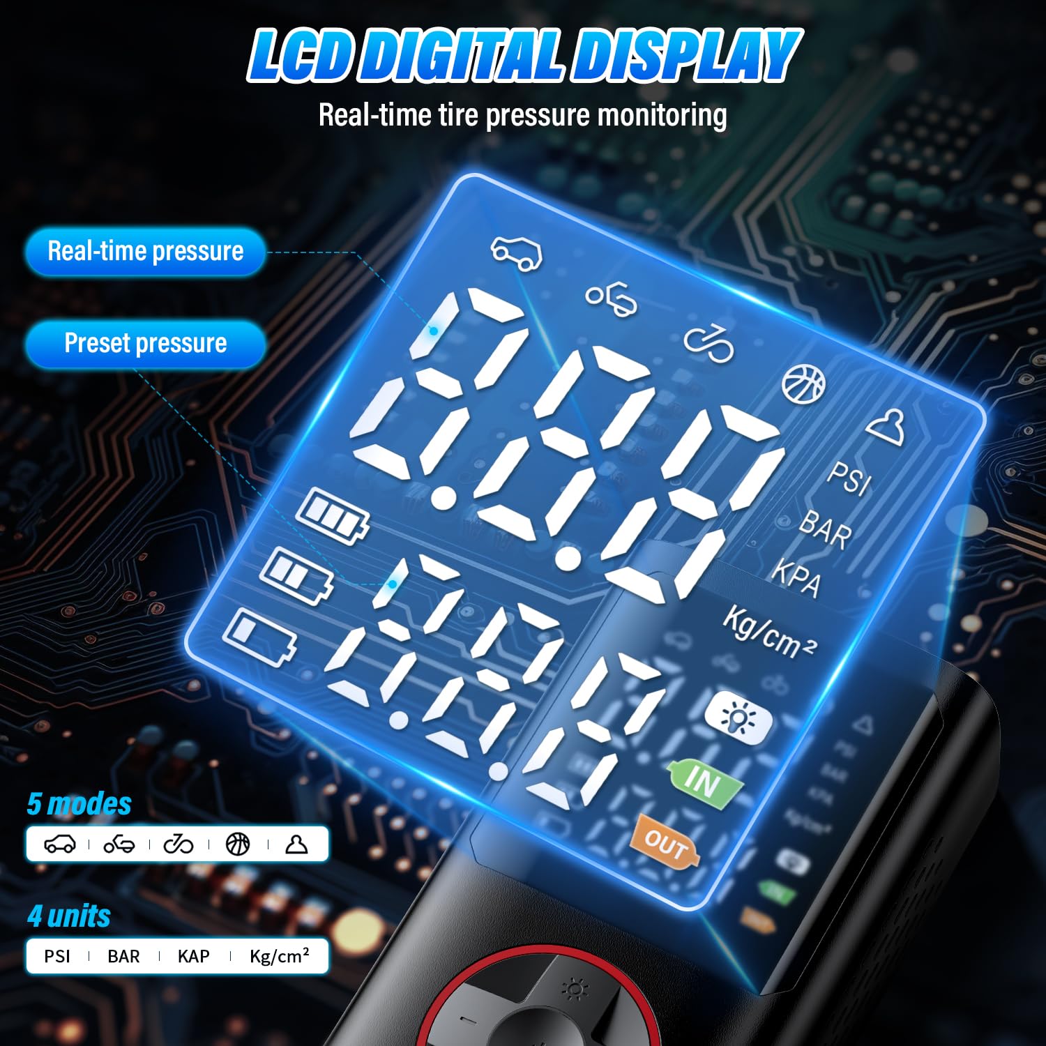 Onherm Compressore Aria Portatile, Pompa Bicicletta Elettrica 10.3 Bar/150PSI con Tutte Le Valvole, 5 Modalità, Mini Compressore Portatile con Luce LED per Auto, Bici, Moto, Scooter, Pallone