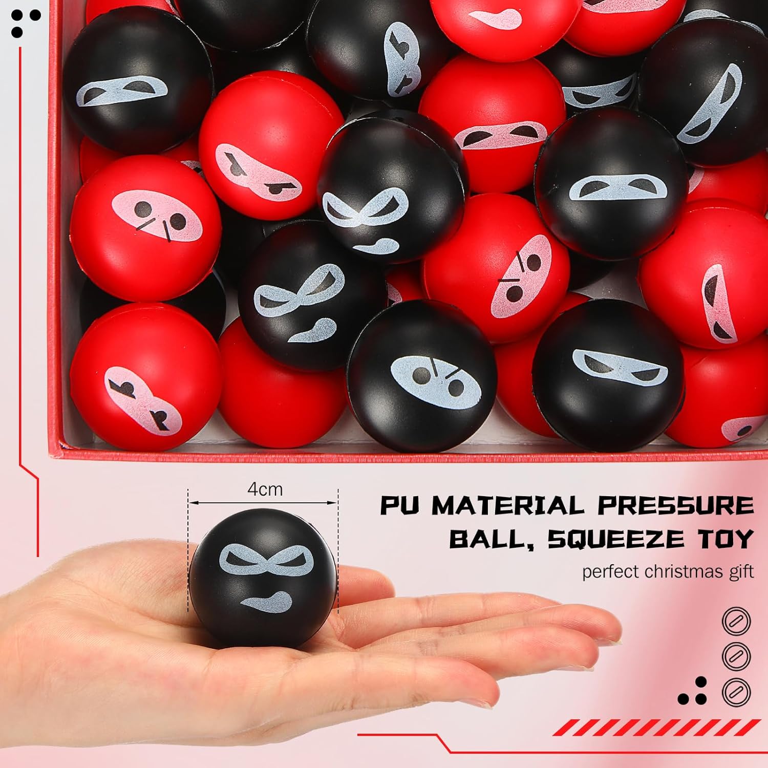 Jerify 40 Pack Ninja Party Favor Ninja Balls Stress Relief Balls PU Foam Sensory Stress Balls Hand Fidget Squeeze Stretchy Balls for Christmas Birthday Party Stuffers Gift, 4 Expressions