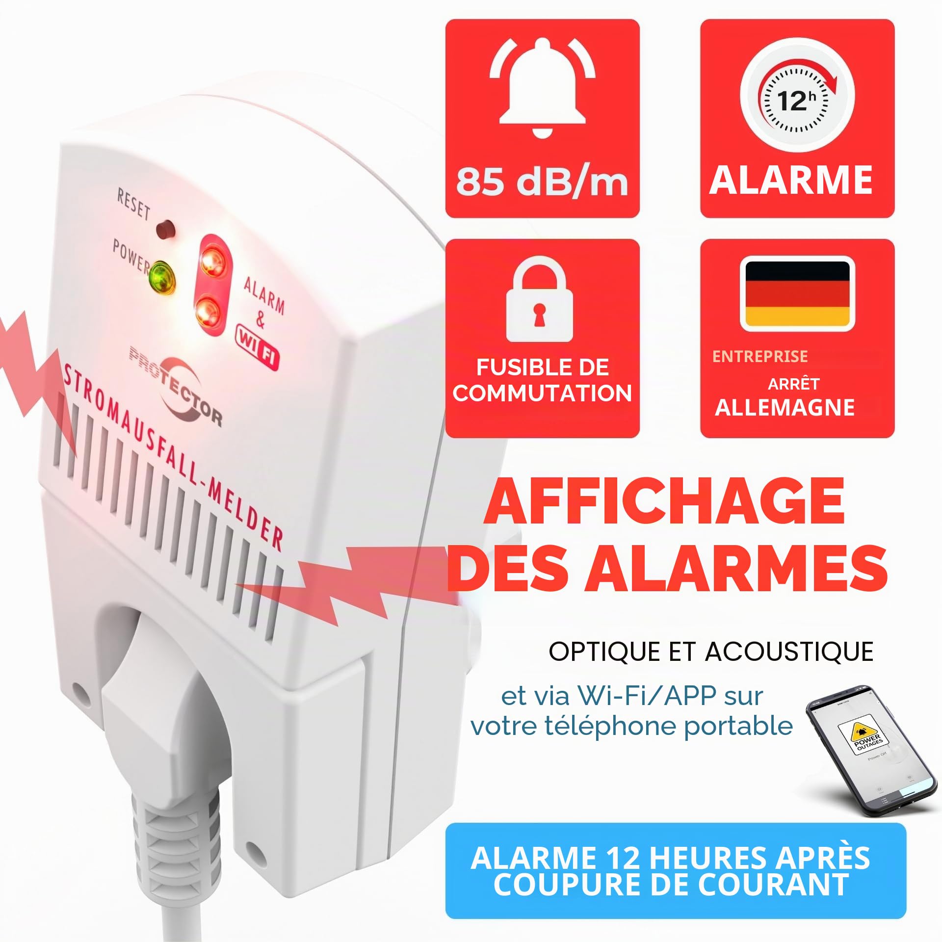 [Nouveau] Protector SAM-1010 - Détecteur de panne de courant, 3500 W avec WiFi et application, tampon d'urgence pendant 12 heures, alarme de courant pour coupure de courant, idéal pour