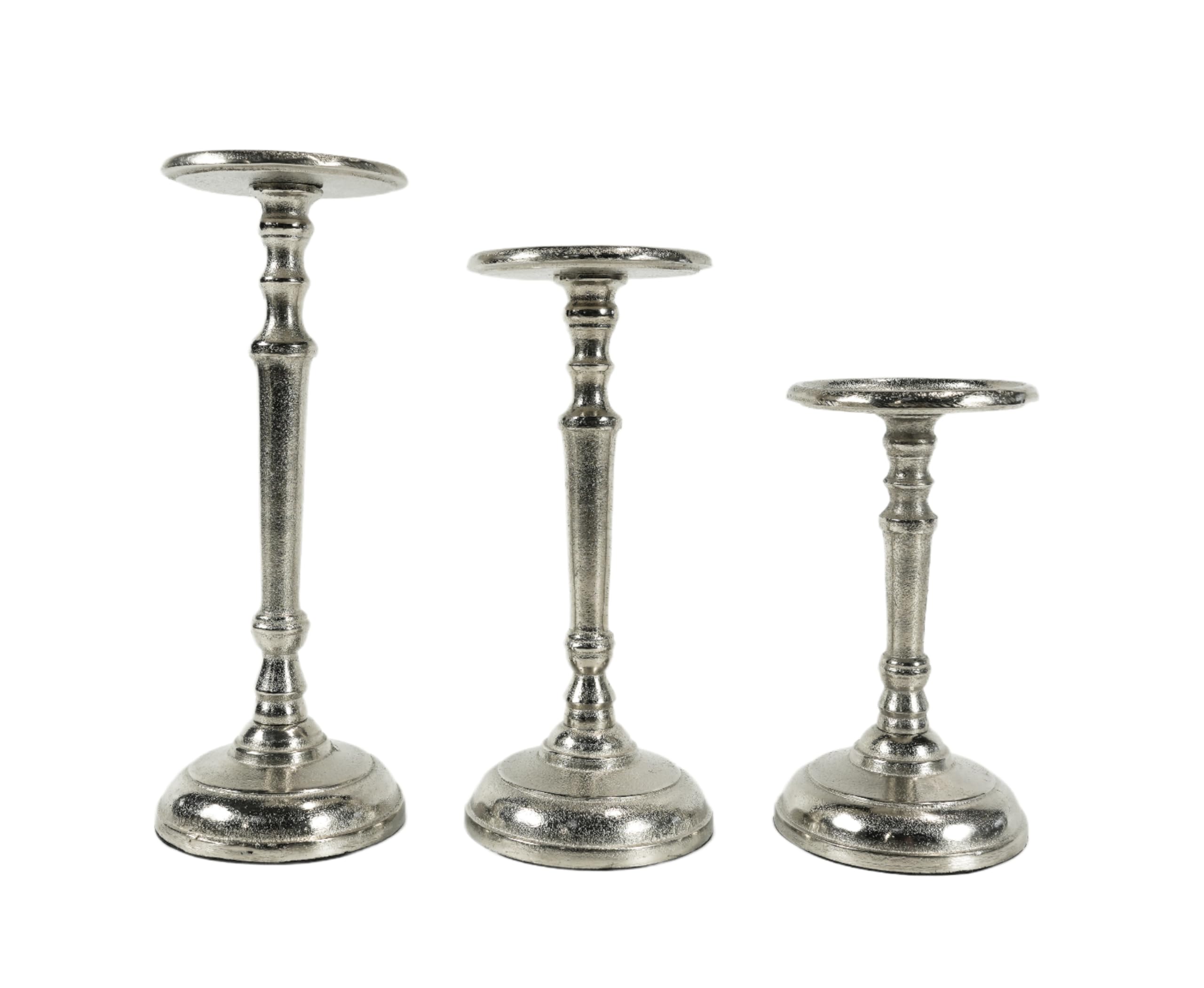 Set di 3 portacandele in metallo argentato, decorazione moderna per candele a pilastro, decorazione da tavolo, matrimonio, decorazione per soggiorno, altezza 20, 25 e 29 cm