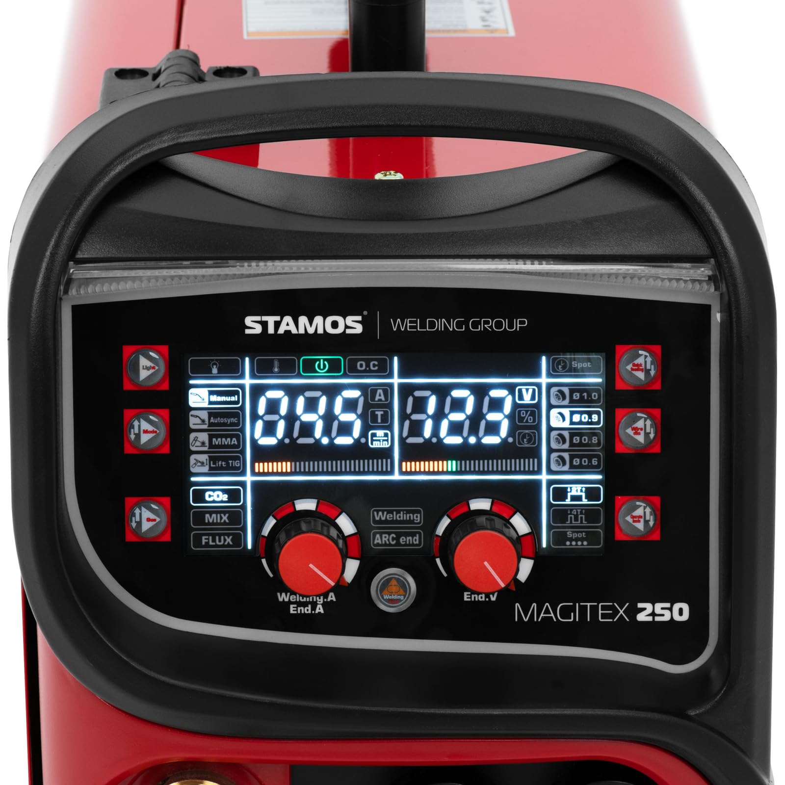 Stamos Germany MAGITEX 250 Soldador MIG MAG 180 A Ciclo de trabajo: 60% Duty Cycle Panel de control digital 2T/4T TIG Liftarc MMA Flux MIG Soldador de hilo Equipo de soldadura