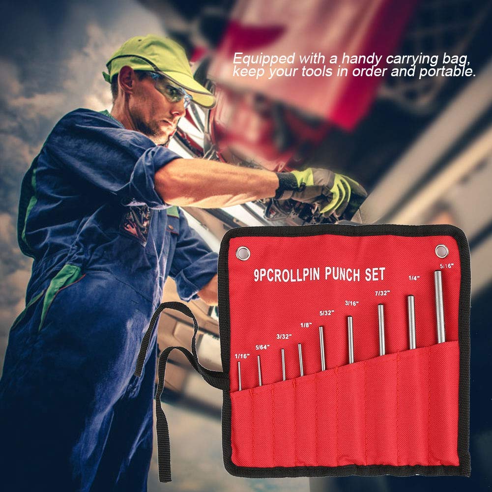 9Pcs Roll Pin Punch Set,Mechanics Punch Steel Mechanics Professional Tool Kit with Comfort Grip and Storage Bag,Ideal for Automotive Repair,Craft Work, and Jewelry Repair