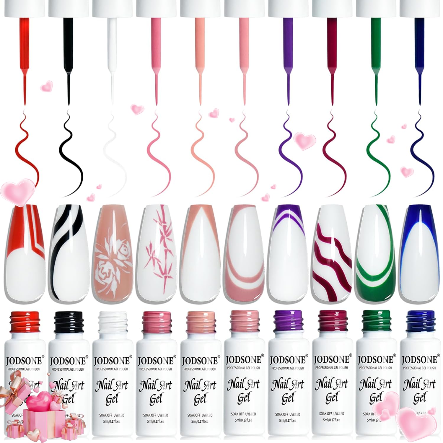 JODSONE 10pcs Nail Art Gel Liner Set 3D Nail Art Pens Effect for Fine Lines Thin Brush Detail