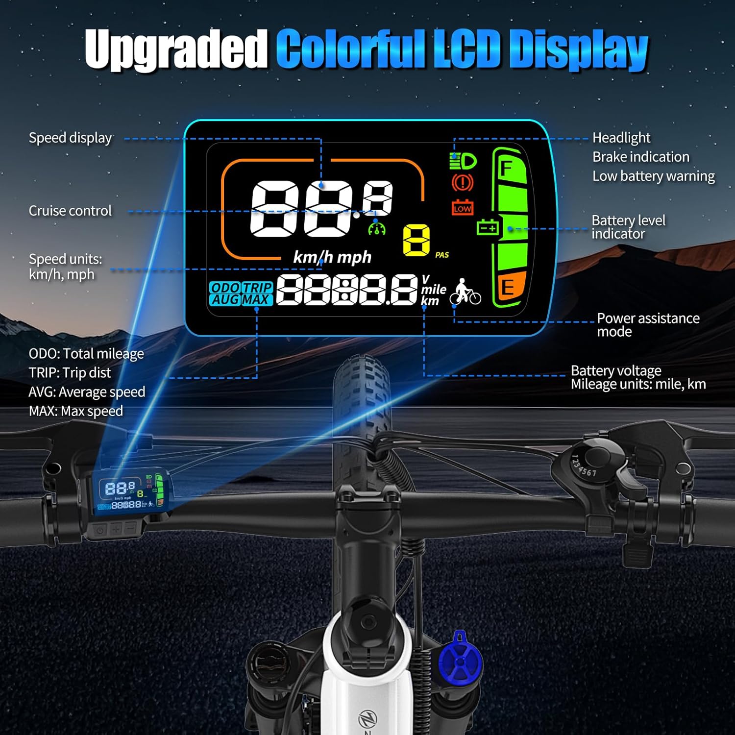 ZDZA Electric Bike, 1000W Peak Motor, 26” E Bike for Adults, 40 Miles Range & 22 Mph Ebike, Electric Bicycle for Commute, 7 Speed & Colorful LCD Display