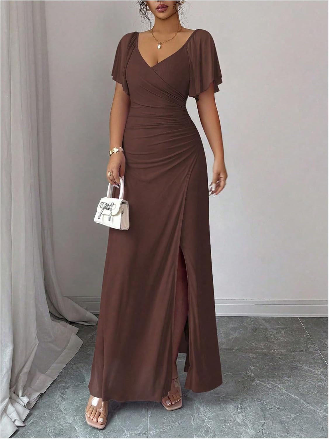 Women's Elegant Ruched Long Dress Split Thigh V Neck Short Sleeve Cocktail Dress Going Out Maxi Dresses - Image 4