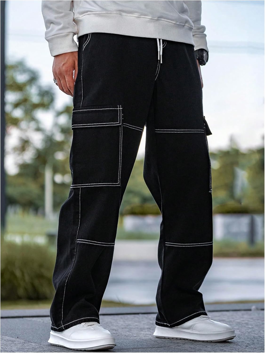 Verdusa Men's Cargo Jeans Streetwear Drawstring Waist Straight Leg Denim Pants with Pockets - Image 4