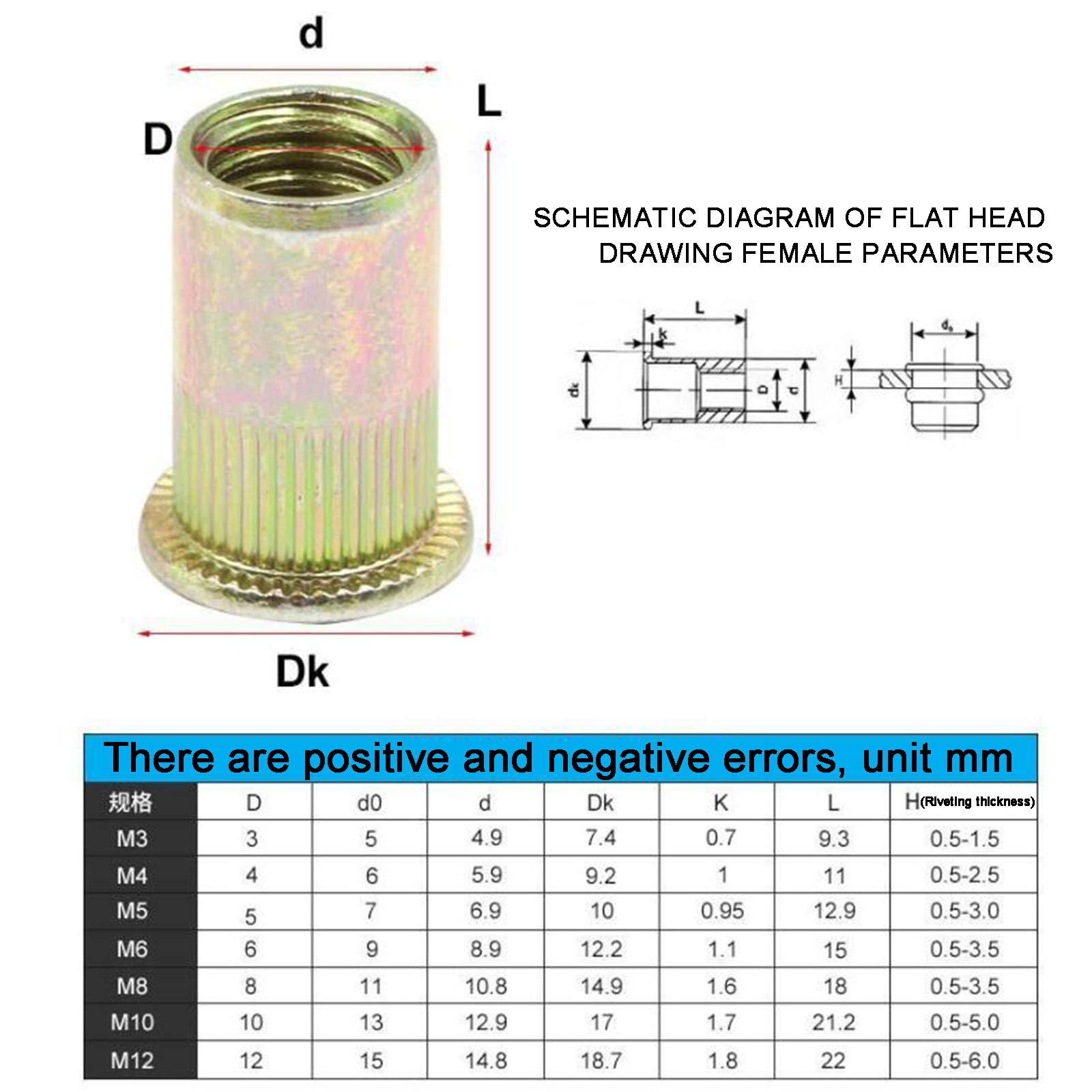 Tuerca De Remache De Acero Al Carbono De 500 Piezas Sistema Métrico De Superficie Chapada En Zinc + Kit Ensamblado En Pulgadas (M3-M10 Y 8-32, 10-24, 1/4-20, 5/16-18, 3/8-16, 1/2-13)