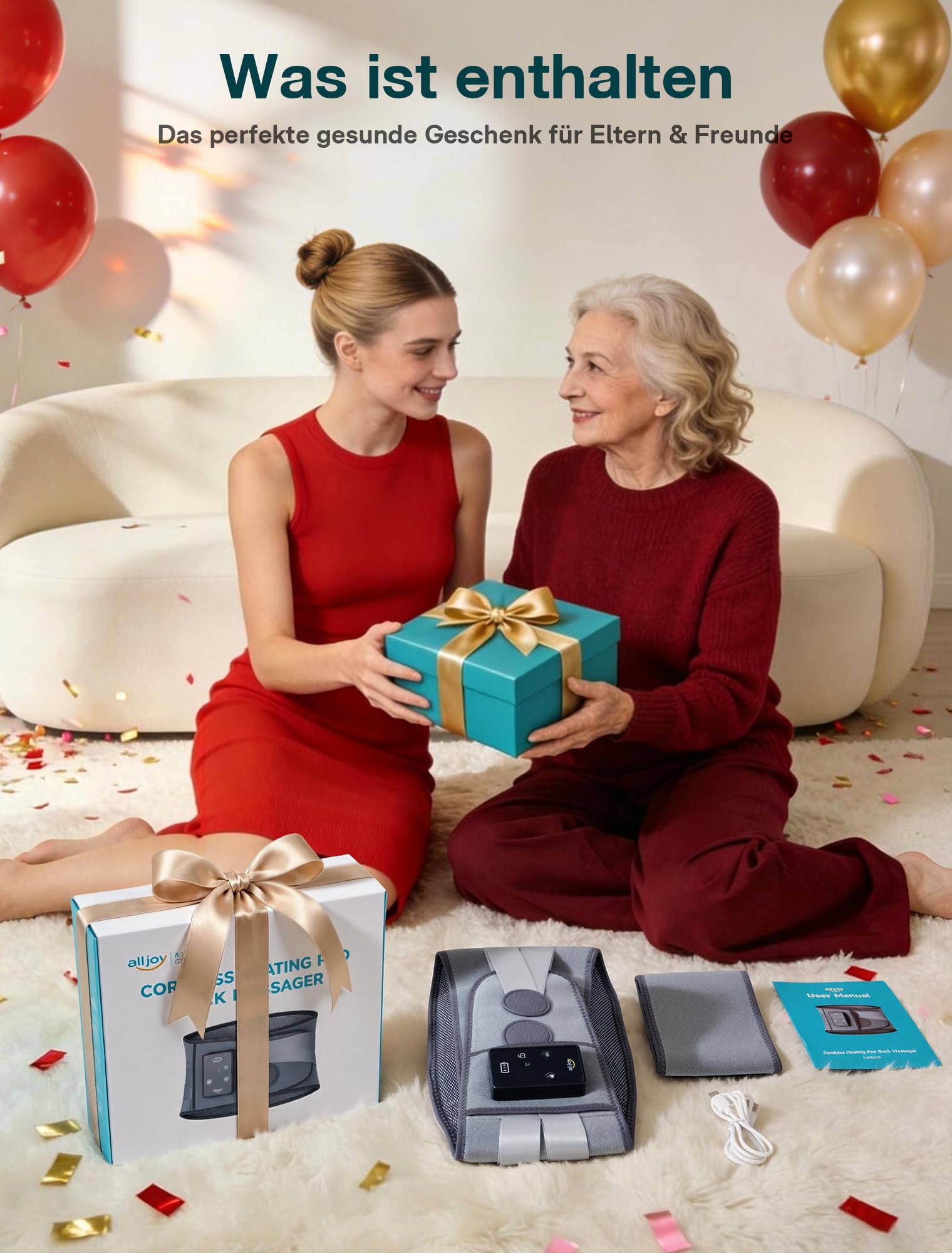 ALLJOY 170CM Wärmegürtel Rücken Heizkissen Kabellos Massagegerät, 5000mAh Heizkissen mit Abschaltautomatik, Wärmekissen für Rücken mit 5 Massagemodi 3 Wärmestufen, Geschenke für Männer Frauen