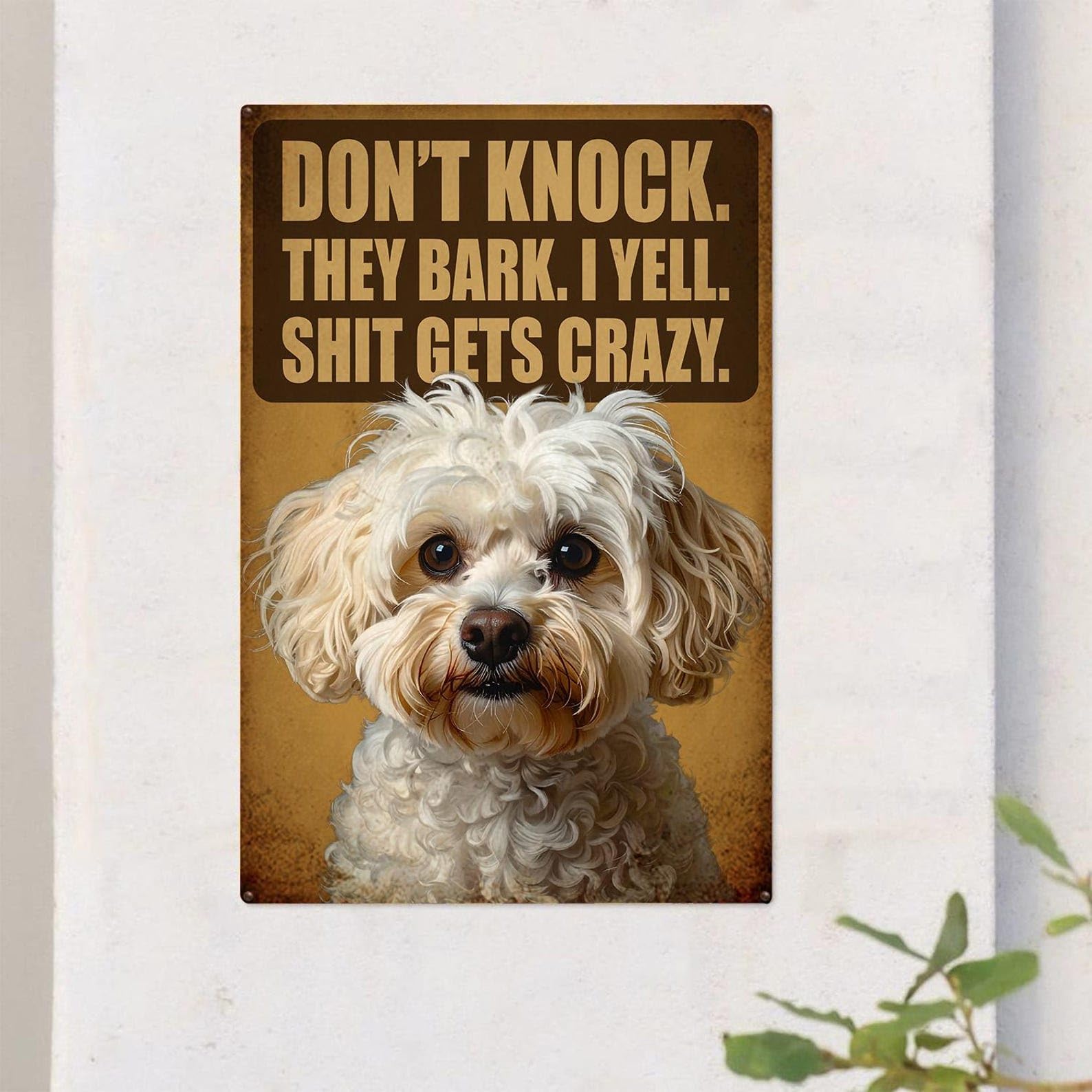 peiyeety Vintage Maltipoo Dog Metal Sign Don't Knock They Bark I Yell Metal Sign 8x12 Inch Home Kitchen Garden Tin Plaque Wall Decor Bar Pub Bathroom Tin Poster