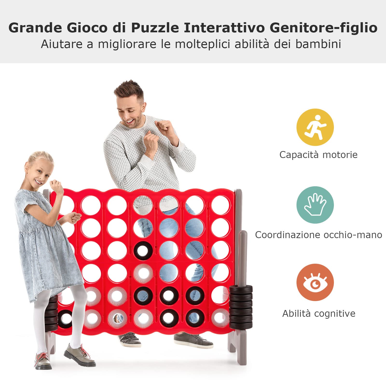 COSTWAY Forza 4 Gigante da Interno ed Esterno, Forza Quattro per Bambini e Adulti con 42 Anelli Giganti e Dispositivo di Scorrimento a Sgancio Rapido, Perfetto per Feste e Vacanze