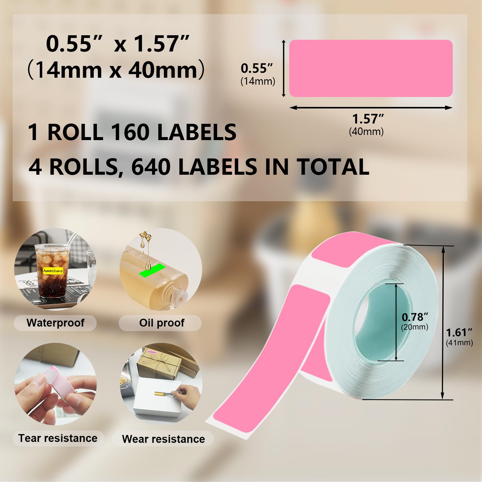 Lot de 4 rouleaux de ruban d'étiquettes thermiques (1,4 x 4 cm), 640 étiquettes au total, compatible avec étiqueteuse D30 pour la maison, l'école et le bureau – Rose