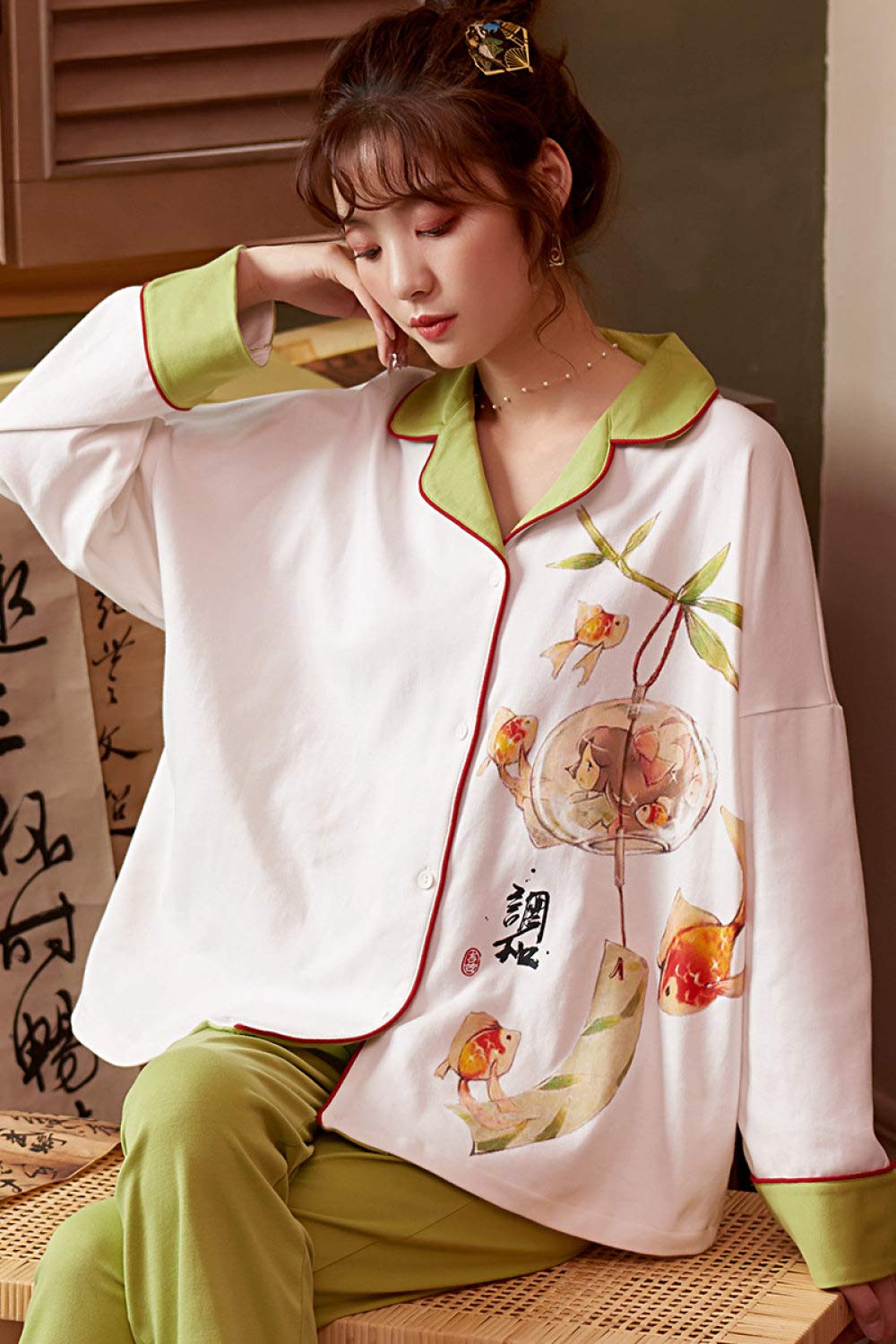 Conjunto De Pijamas De Mujer,Pijamas Suaves Y Cómodos De Algodón Ropa De Dormir Con Estampado De Peces De Colores De Estilo Chino Con Bolsillos Con Botones Conjunto De Pijamas De Manga Larga Top &