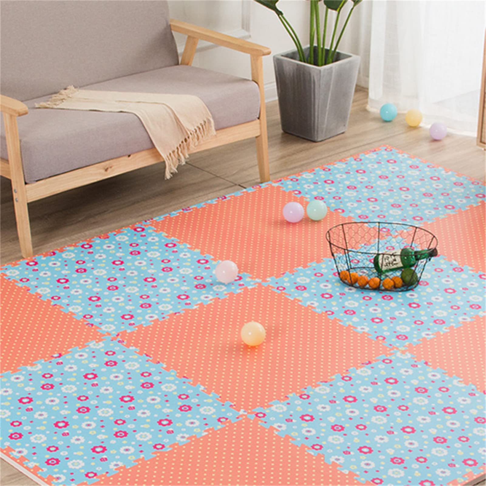 Puzzlespielmatten für Kinder 60x60x1,9cm schadstofffrei Krabbelmatte für Babys Quadrate Teppich ineinandergreifende Schaum Bodenpuzzles,Little Flower Baby spielmatte,Blue+red,6pcs