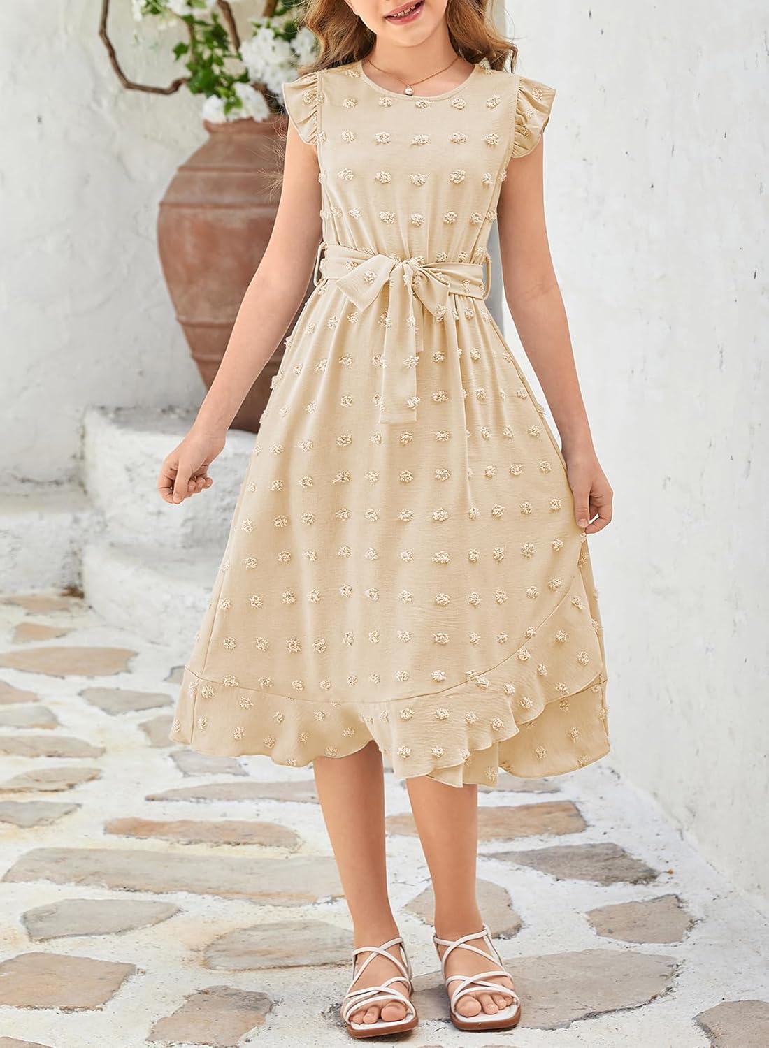 blibean Tween Girls Short Sleeve Dresses Swiss Dot Belt Dress Size 6-15 Years - Image 4