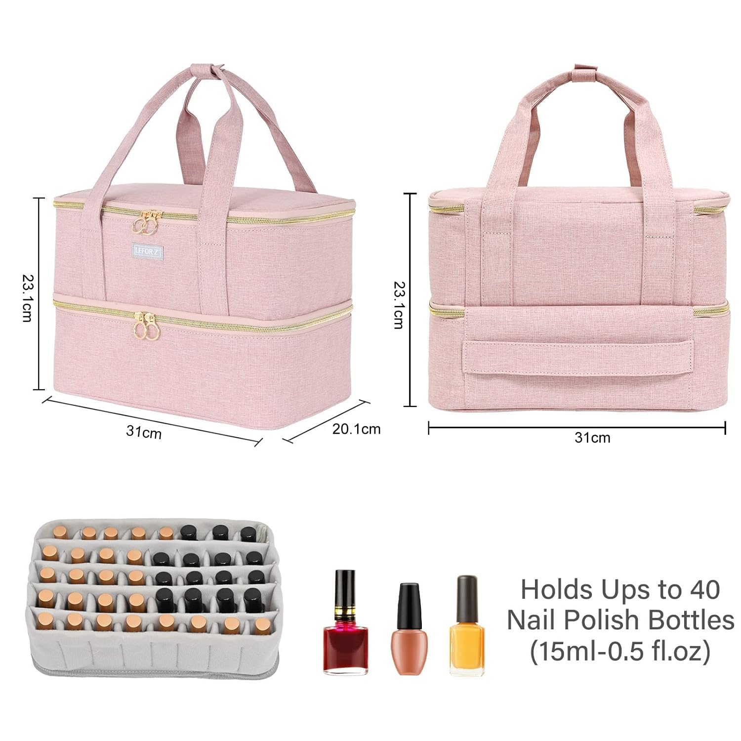 Nagellack Aufbewahrung Tasche,Doppelschichtige Nagellack Organizer für 40 Flaschen(15ml-0.5 FL.oz) und eins LED-Nagellampe,Tragbare Nagellack Tragetasche für Nageldesign zubehör