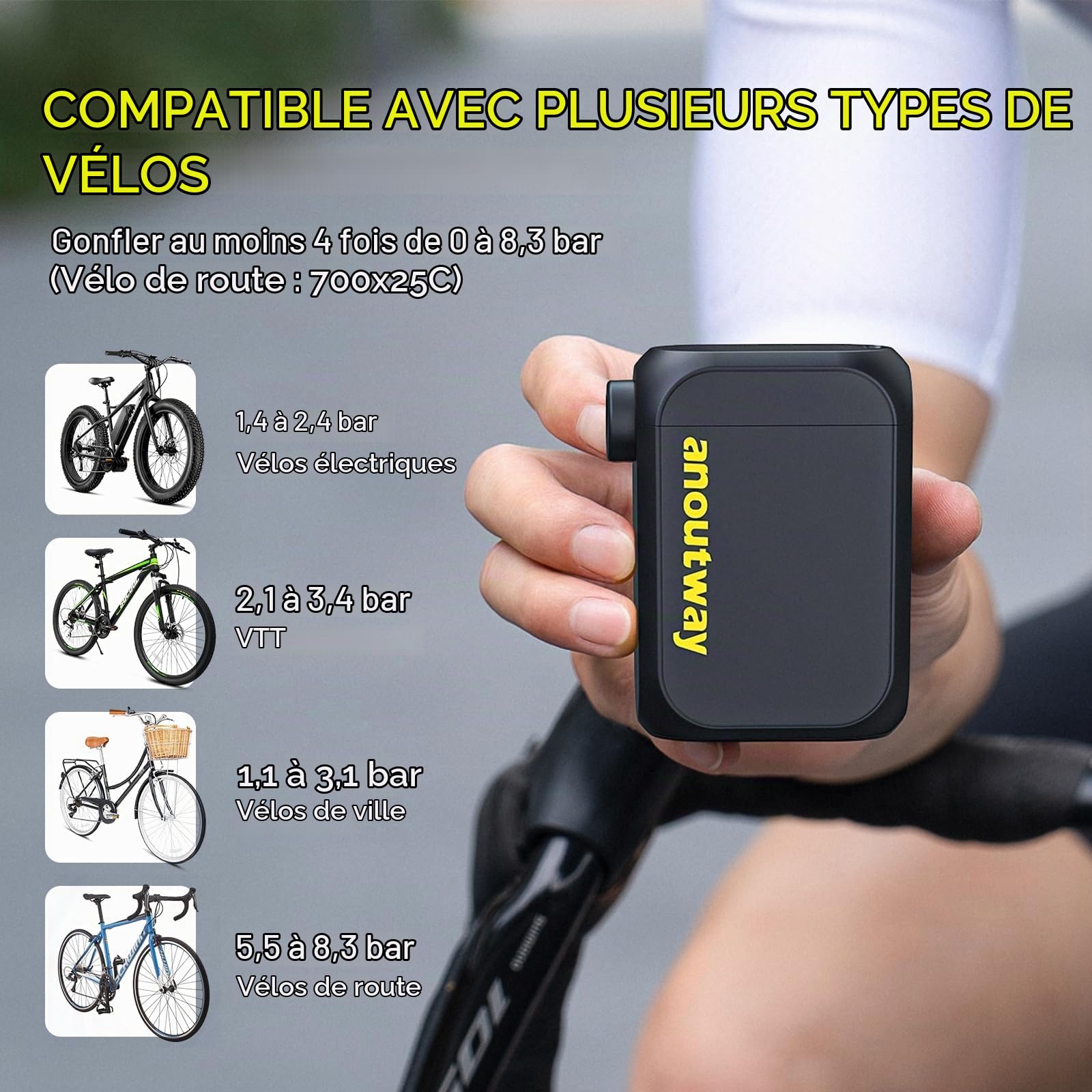 Pompe électrique Rechargeable Tiny Pump, 120 PSI Max, avec arrêt Automatique. Compatible valves Presta et Schrader, pour vélos électriques, VTT, Ville et Route AT1 Max
