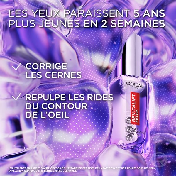L'Oréal Paris - Sérum Contour des Yeux - Anti-Rides , Anti-Poches & Anti-Cernes - À l'Acide Hyaluronique Pur et à la Caféine - Embout Triple-Bille innovant - Revitalift Filler - 20 ml - 3