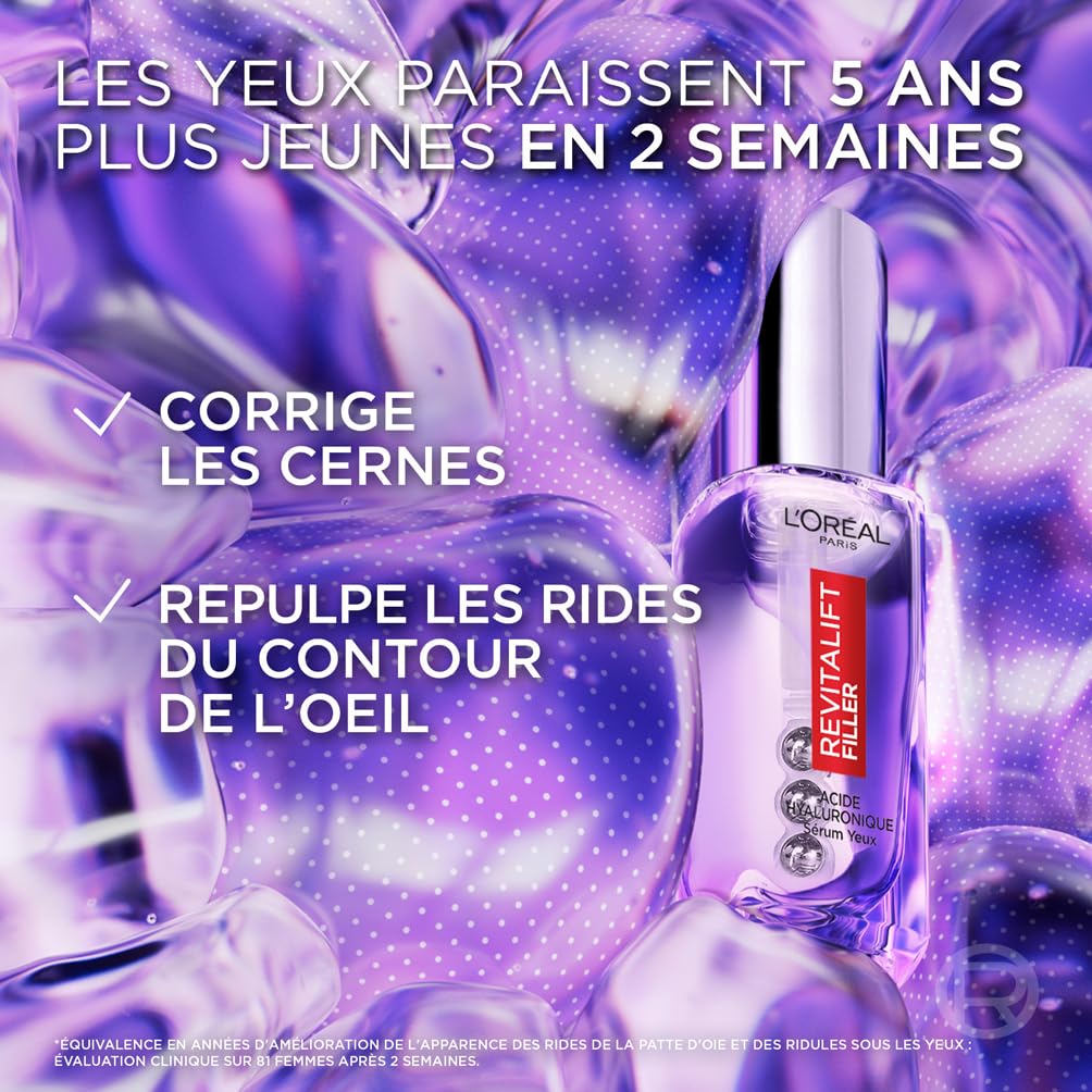 L'Oréal Paris - Sérum Contour des Yeux - Anti-Rides , Anti-Poches & Anti-Cernes - À l'Acide Hyaluronique Pur et à la Caféine - Embout Triple-Bille innovant - Revitalift Filler - 20 ml - 4