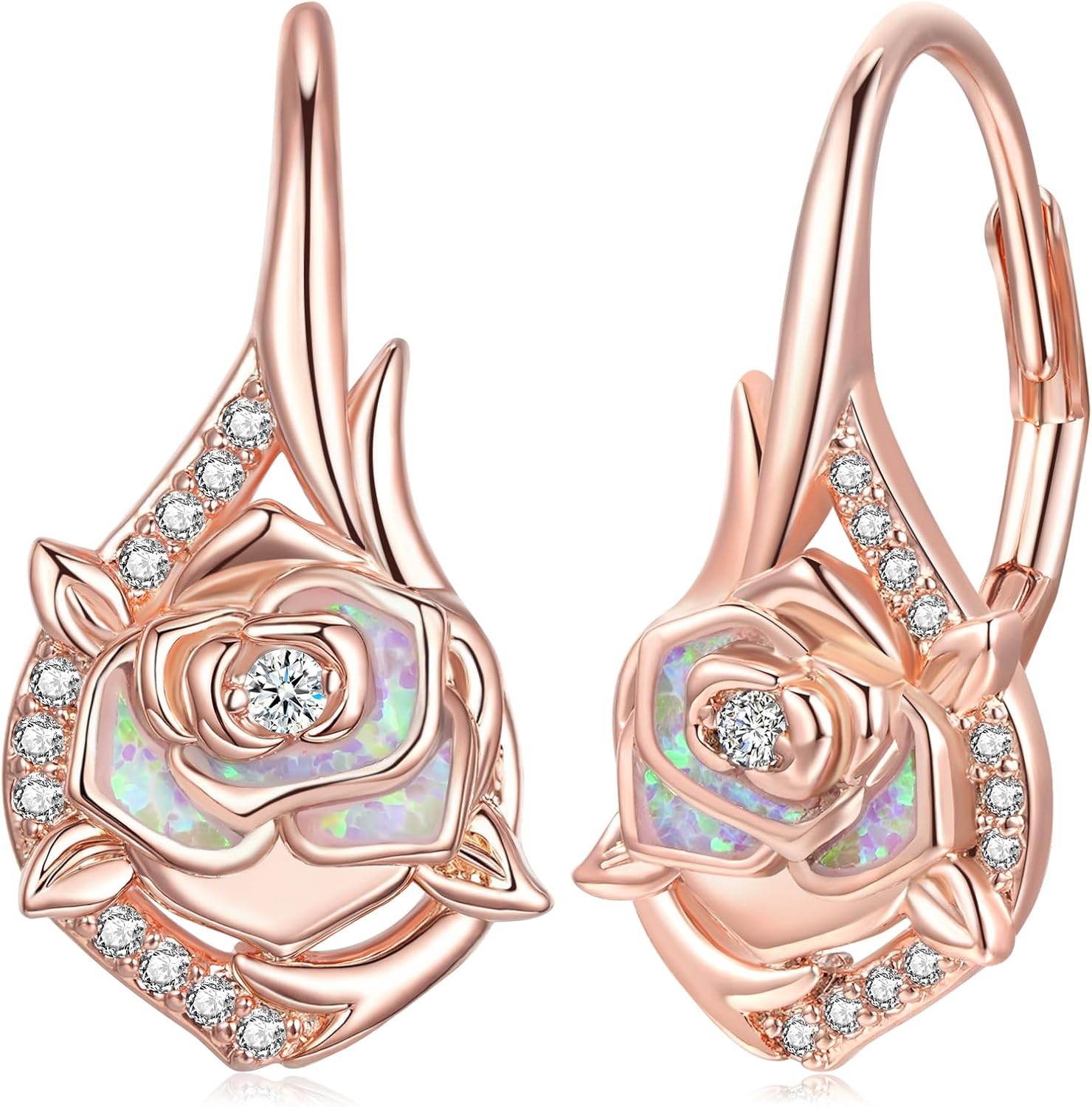 CiNily Mothers Day Rose Earrings Birthstone Dangle Drop Earrings for Women Dainty Rose Flower Earrings 18K Rose Gold Gemstone Ear Rings Anniversary Birthday Opal Jewelry Gifts for Mom Wife Her