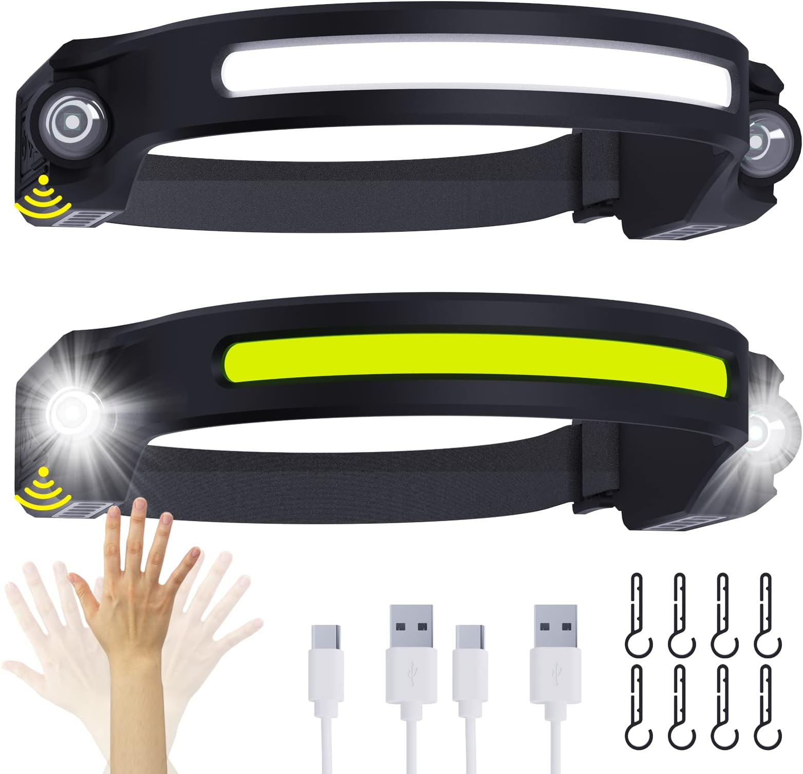 Headlamp Rechargeable LED Head Lamp 2PCS - 260° Wide Beam & Spotlight HeadLamps with Motion Sensor for Adults, 6 Modes Waterproof Head Light Flashlight for Repairing, Hiking, Cycling, Camping