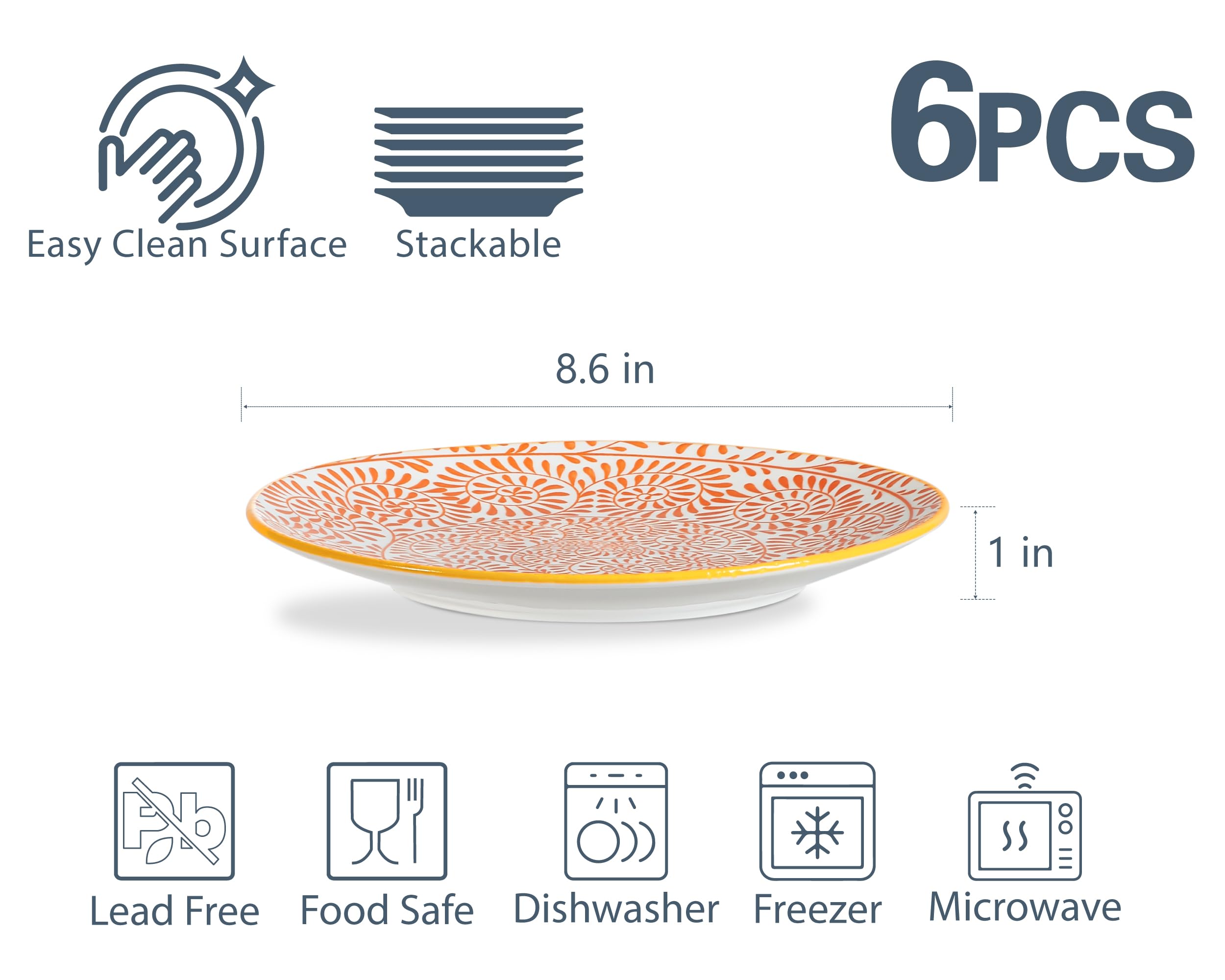 ONEMORE Colorful Dessert Plates Set Of 6-8.5 In Ceramic Plates For Dessert, Appetizer - Microwable, Oven And Dishwasher Safe, Scratch Resistant - View #3