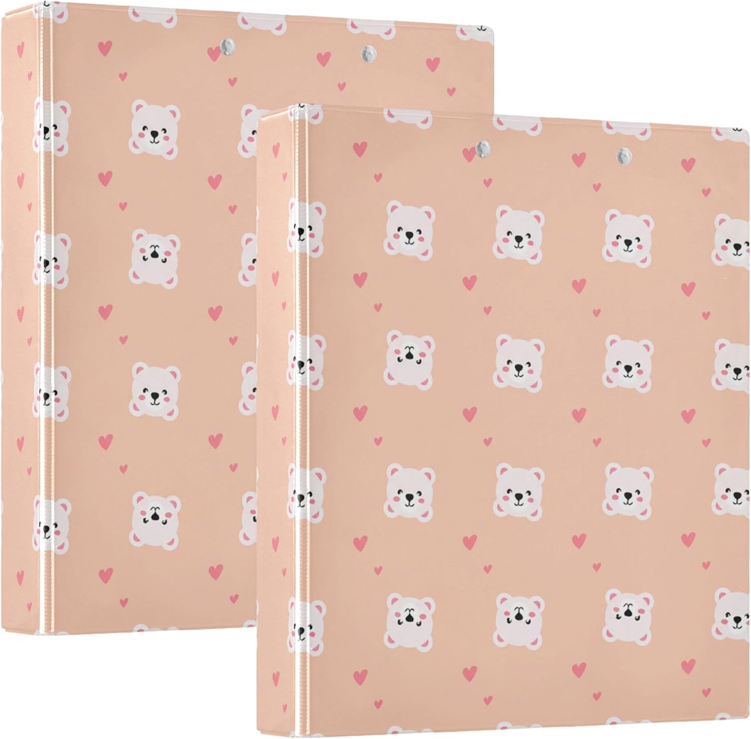 Cute Cartoon Bear Face 3 Ring Binders, 1.5” Round Ring Binders with Clipboard - Letter Size, 3 Interior PVC Clear Pockets & Anti-Slip Clip for Office School Supplies, 2PCS