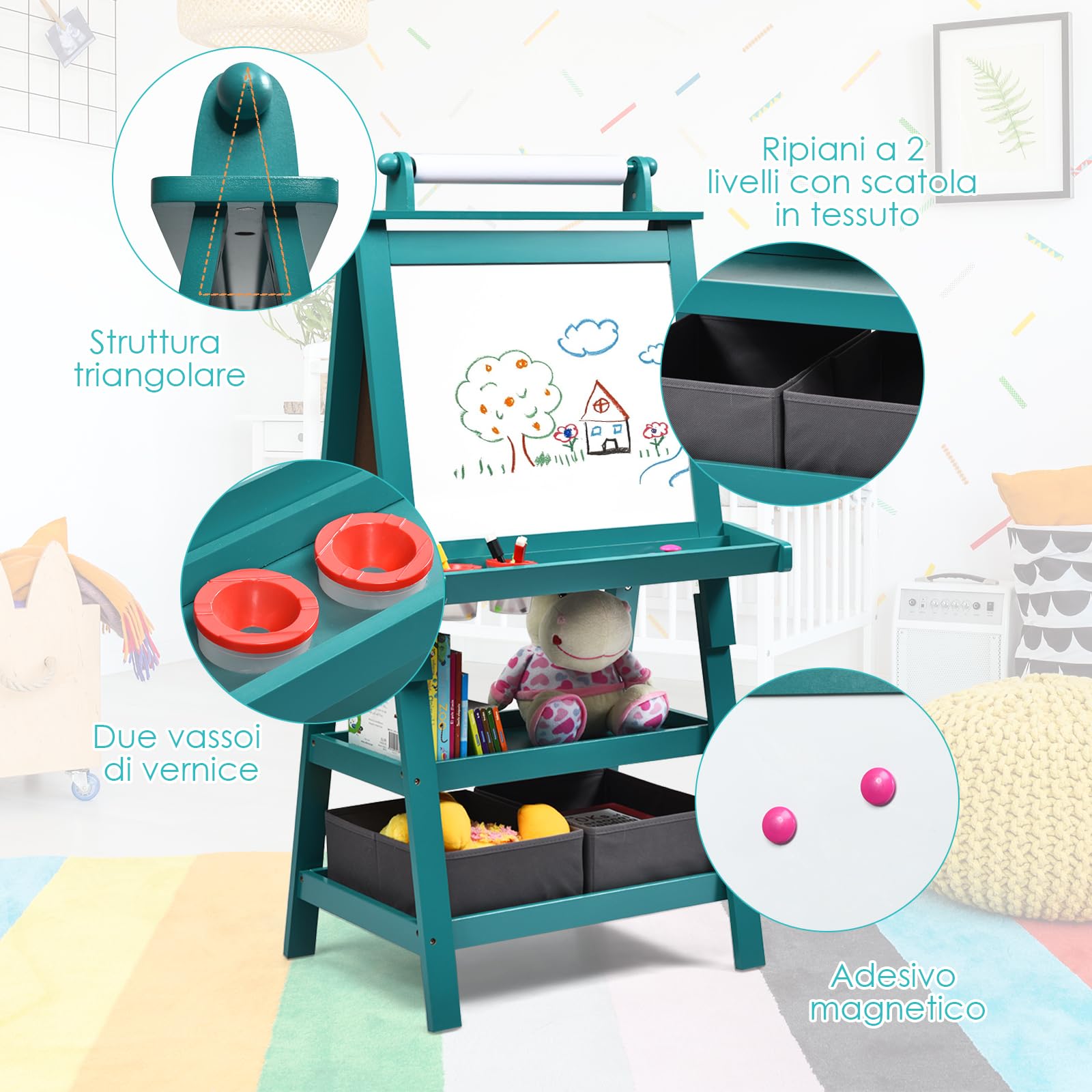 RELAX4LIFE 3 in 1 Lavagna per Bambini, Cavalletto Pittura a Doppia Faccia, Lavagna Magnetica con Rotolo di Carta, Giocattolo Educativo 3+ Anni (Blu)