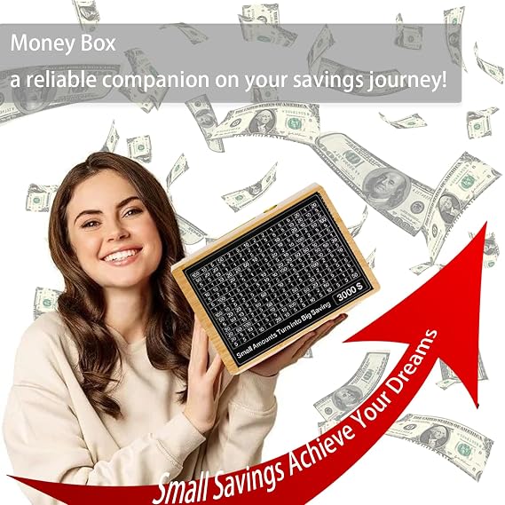 Wooden Savings Challenge Box, 8 Targets 500-10000 Goals, Reusable Cash Tracker for Home & Travel Budget Organizer (Black)