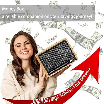 Wooden Savings Challenge Box, 8 Targets 500-10000 Goals, Reusable Cash Tracker for Home & Travel Budget Organizer (Black)
