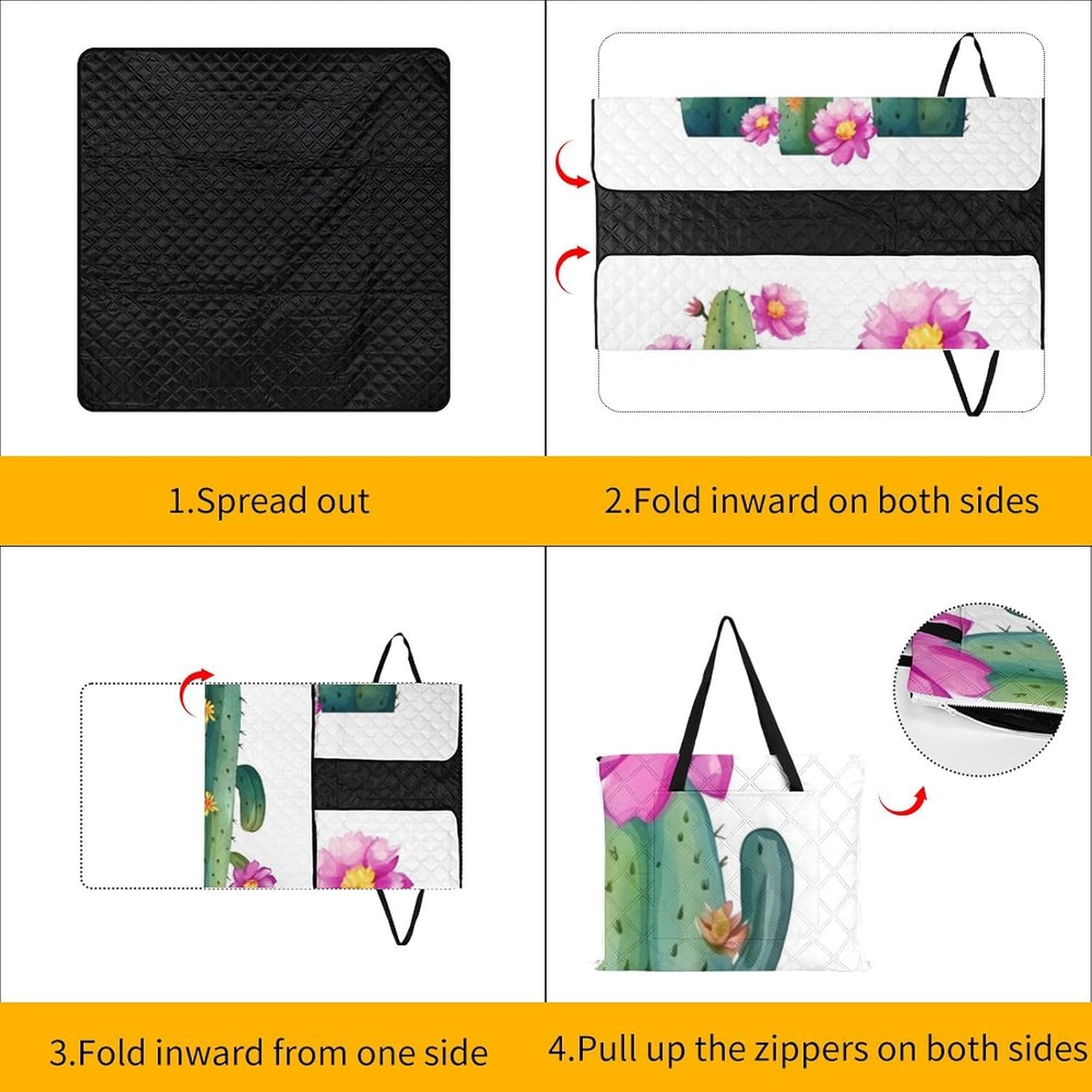Cactus Flower Picnic Blanket Zipper Style Waterproof Foldable Outdoor,Picnic Mat Foldable As A Shopping Bag for Ladies, Portable Outdoor Blanket for Camping