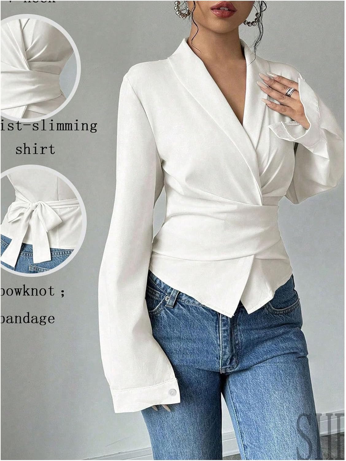 Floerns Women's Elegant Shawl Collar Shirts Long Sleeve Wrap Tie Back Work Blouse Tops - Image 2