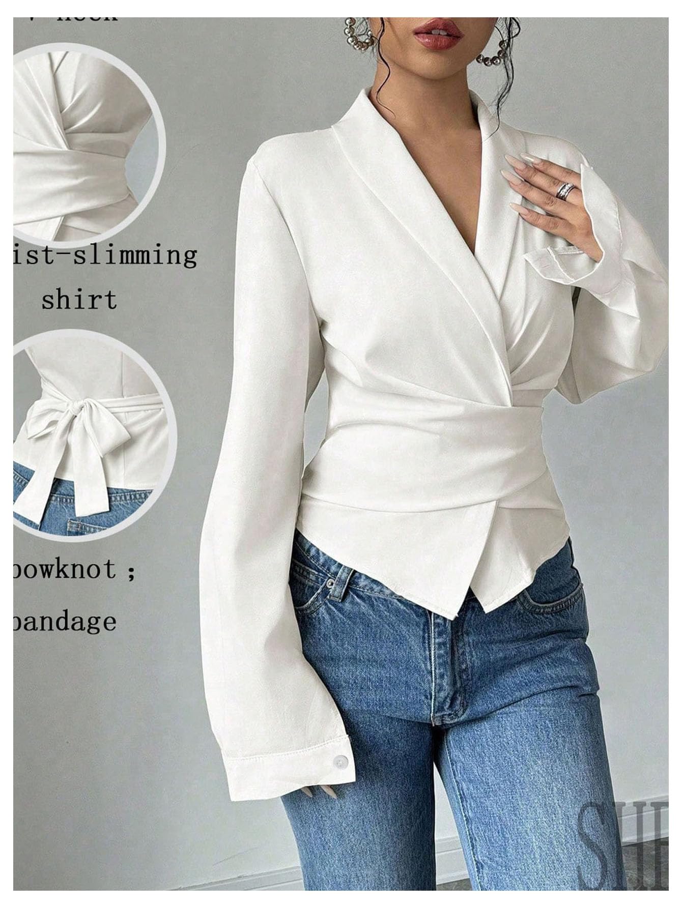 Floerns Women's Elegant Shawl Collar Shirts Long Sleeve Wrap Tie Back Work Blouse Tops