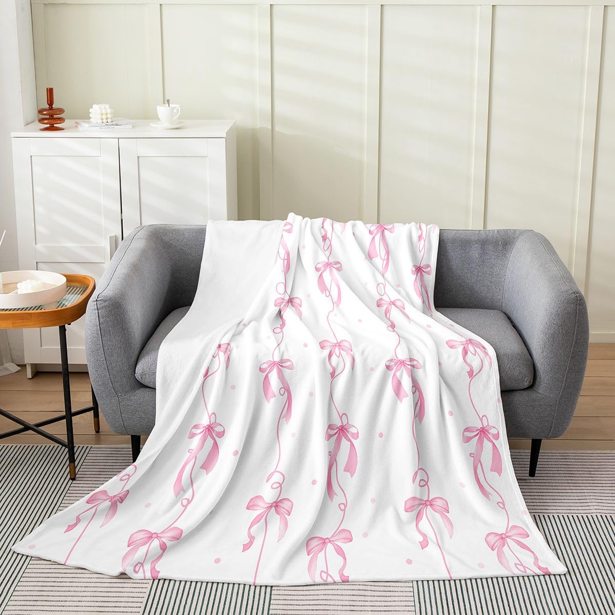 jejeloiu Girls White Bow Fleece Throw Blanket Girly Cute Bowknot Flannel Blanket Plush Fuzzy Dreamy Princess Style Bow for Bed Couch Chair Living Room Kawaii Throw 50"x60" White Bedroom Decor