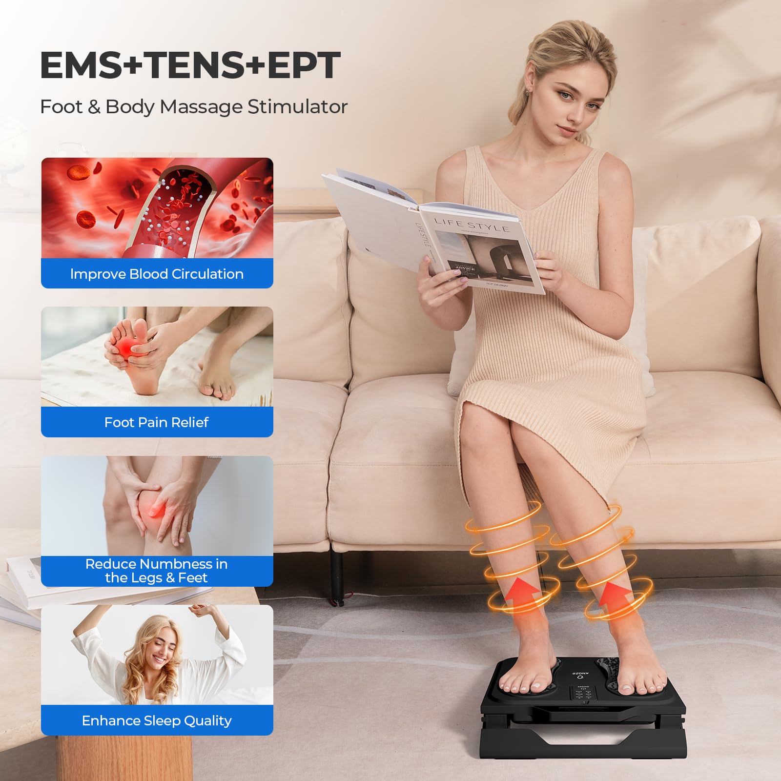 Massaggiatore plantare con stimolatore della circolazione sanguigna, EMS e TENS – Massaggiatore plantare elettrico con 10 modalità, 20 livelli di intensità e 4 elettrodi per alleviare il dolore