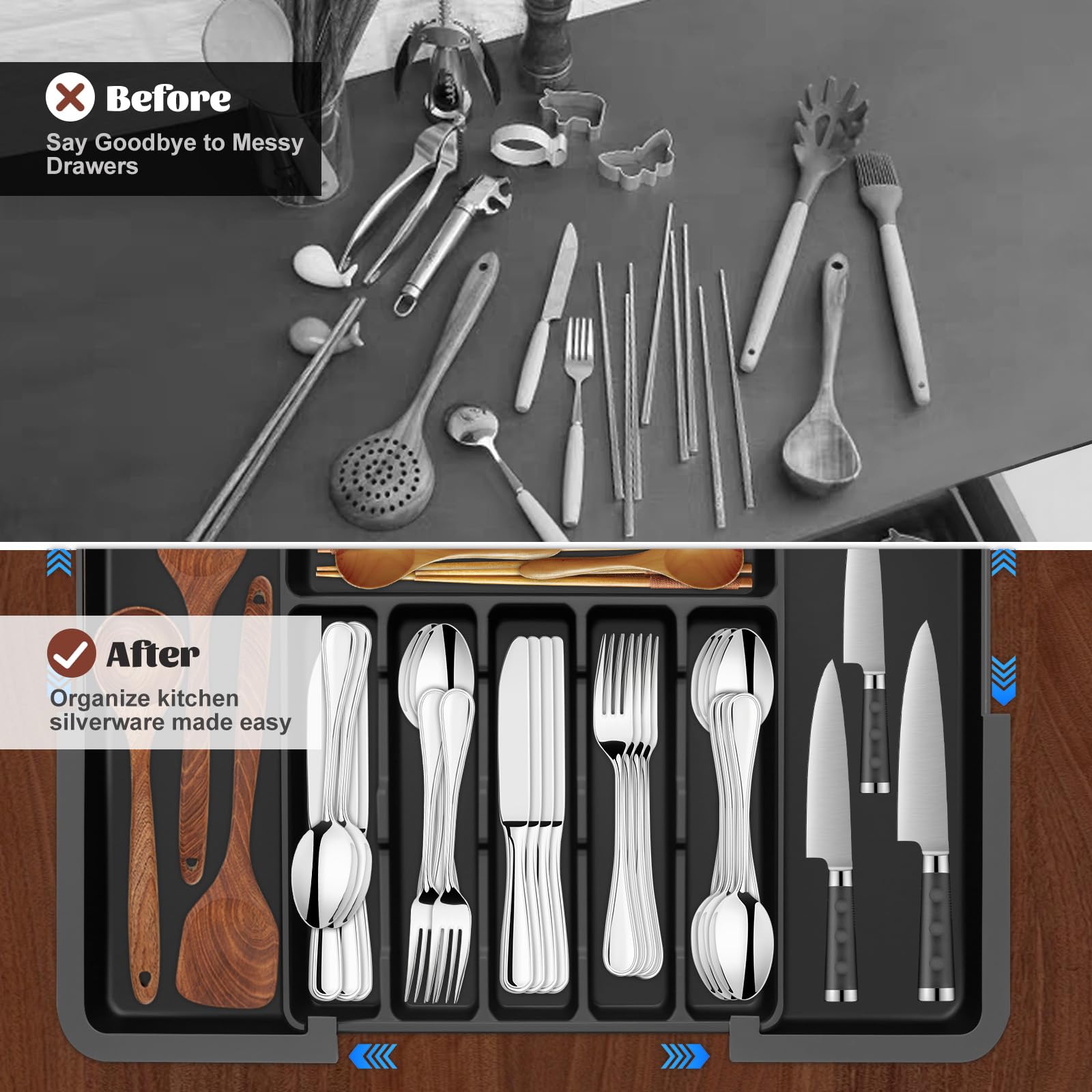 FERRGIA Organizer Posate da Cassetto,6-9 Scomparti,Espandibile da 36.5 a 54 cm,Porta Posate Cucina Cassetto Regolabile,Organizer Cucina Regolabile per Cucchiai, Forchette e Coltelli,Nero